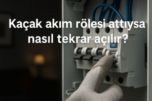 İstanbul elektrikçi Kaçak Akım Rölesi Attıysa Nasıl Tekrar Açılır? Açık bir elektrik panosunda kaçak akım rölesinin test butonuna basan bir kişi. Röle üzerinde “TEST” yazısı net şekilde görünür. Arka plan loş bir ortam.