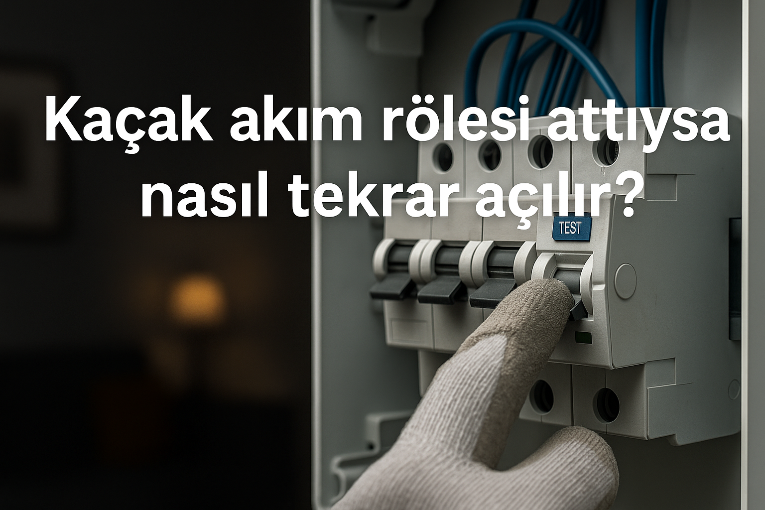 İstanbul elektrikçi Kaçak Akım Rölesi Attıysa Nasıl Tekrar Açılır? Açık bir elektrik panosunda kaçak akım rölesinin test butonuna basan bir kişi. Röle üzerinde “TEST” yazısı net şekilde görünür. Arka plan loş bir ortam.