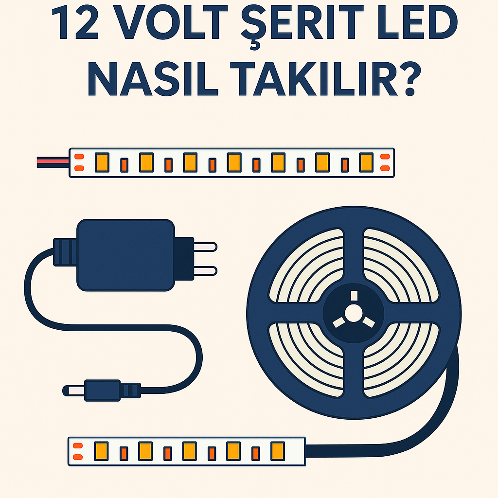 12 volt şerit LED bağlantısı, montaj ve adaptör seçimi hakkında rehber niteliğinde dijital çizim.