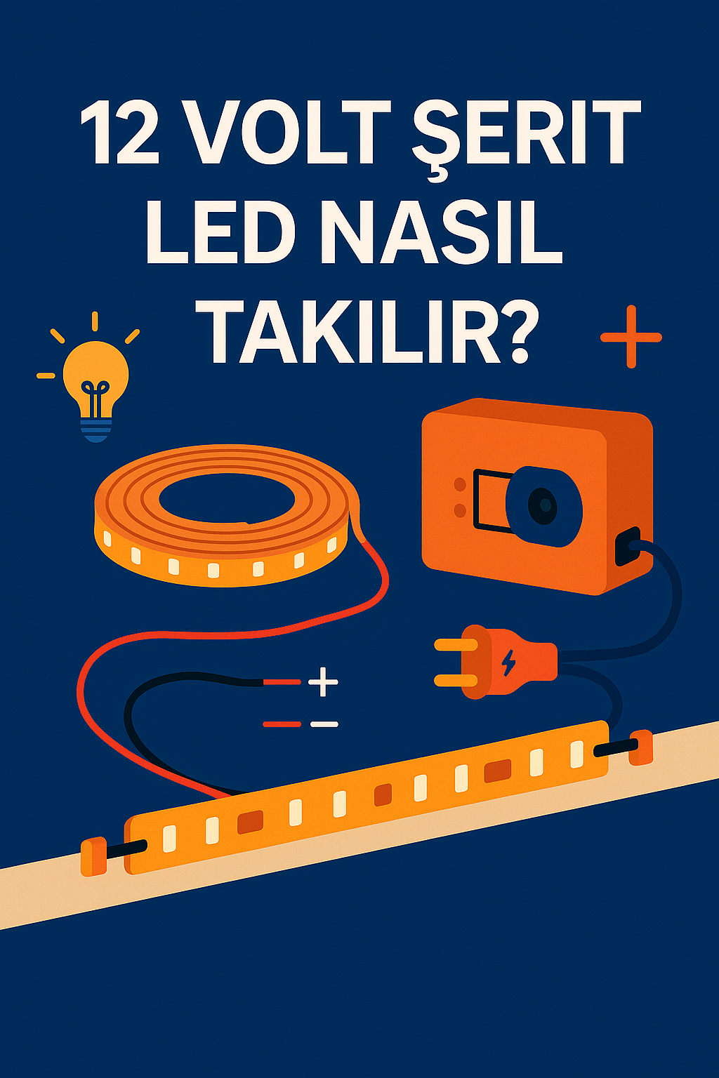 12 volt şerit LED kurulumu, bağlantı ve montaj sürecini anlatan teknik çizim.
