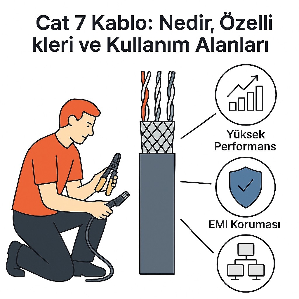 İstanbul elektrikçi Cat 7 Kablo Nedir? Ne İşe Yarar? Cat 7 Ethernet kablosunun iç yapısı, koruma katmanları ve kullanım alanlarını anlatan dijital çizim