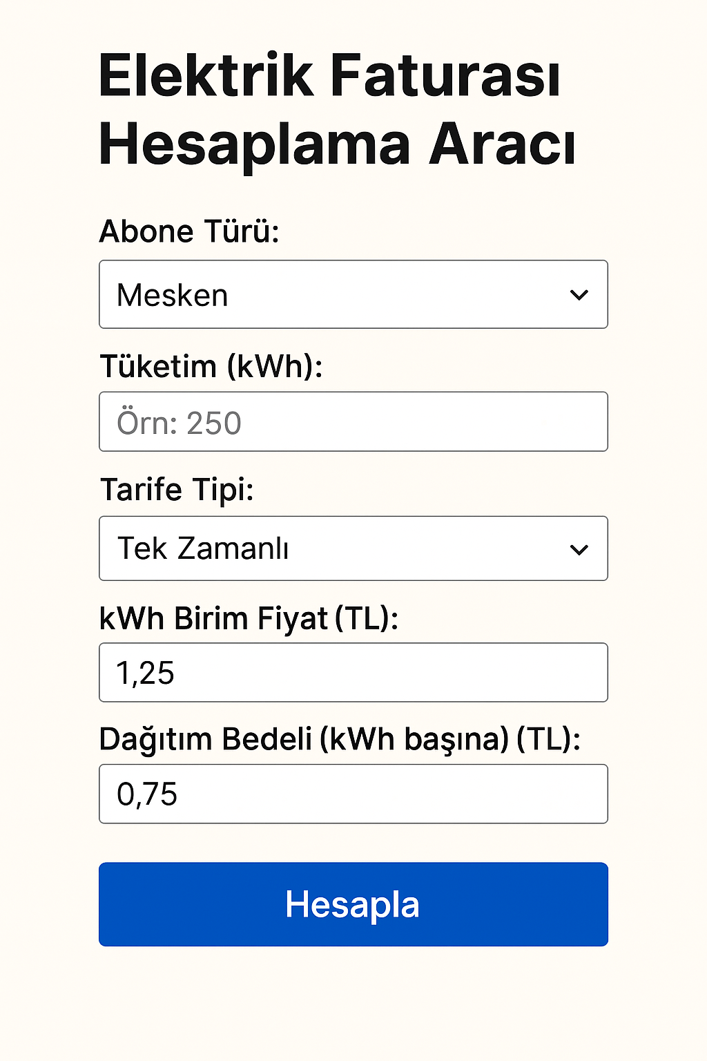 İstanbul elektrikçi Elektrik Faturası Hesaplama Aracı Elektrik faturası hesaplama aracının form yapısını gösteren Türkçe infografik.