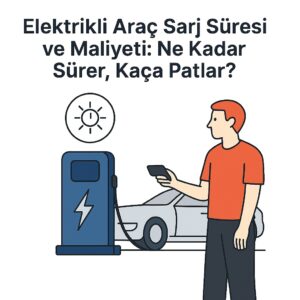Elektrikli araç şarj süresini etkileyen faktörler – batarya, güç seviyesi ve sıcaklık ikonlarıyla birlikte bir EV sürücüsü.