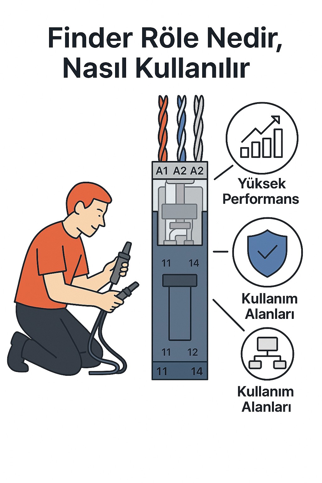 İstanbul elektrikçi Finder Röle Nedir, Nasıl Kullanılır? Finder rölenin iç yapısı, bağlantı uçları ve kullanım alanlarını gösteren teknik infografik.