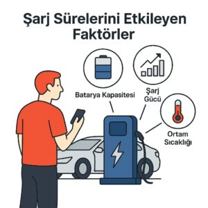 Elektrikli araç şarj süresini etkileyen faktörler – batarya, güç seviyesi ve sıcaklık ikonlarıyla birlikte bir EV sürücüsü.