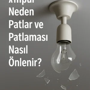 Tavan lambasında patlamış bir ampul ve yere düşen cam kırıkları, görselin üzerinde “Ampul neden patlar ve patlaması nasıl önlenir?” yazısı yer alıyor.