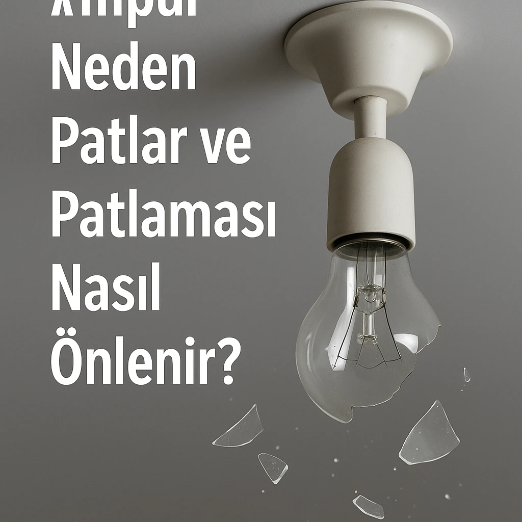 Tavan lambasında patlamış bir ampul ve yere düşen cam kırıkları, görselin üzerinde “Ampul neden patlar ve patlaması nasıl önlenir?” yazısı yer alıyor.
