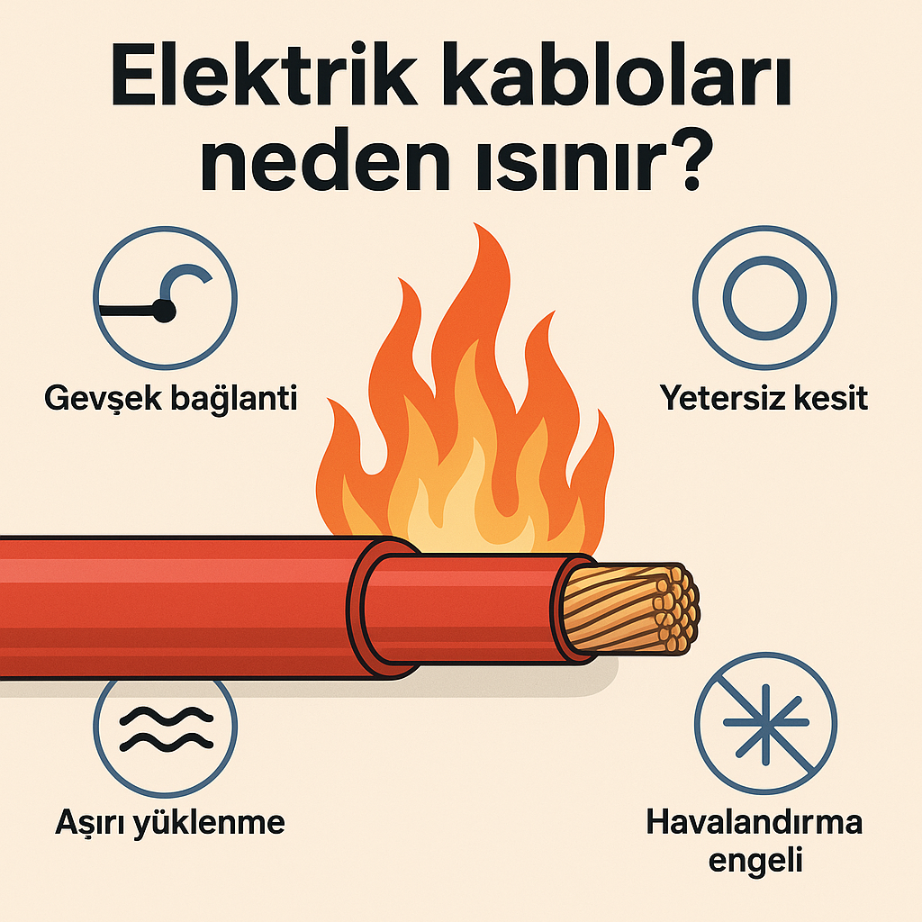 İstanbul elektrikçi Elektrik kabloları neden ısınır? Elektrik kablolarının ısınma nedenlerini gösteren teknik diyagram: aşırı akım, gevşek bağlantı ve kablo kesiti örnekleriyle anlatım