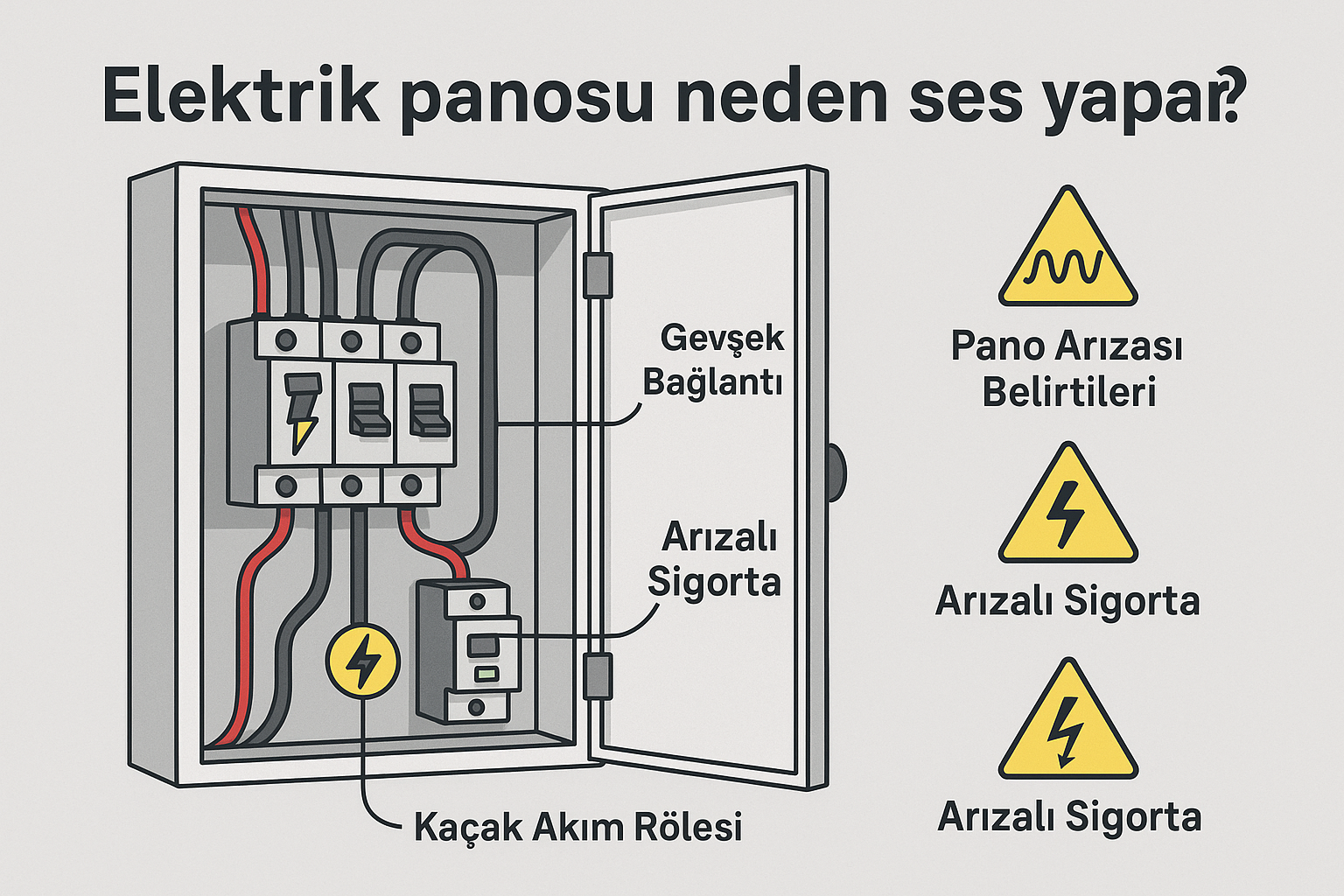 Elektrik panosundan gelen seslerin nedenlerini anlatan sigorta, kablo ve bağlantı noktalarını içeren 2D teknik infografik
