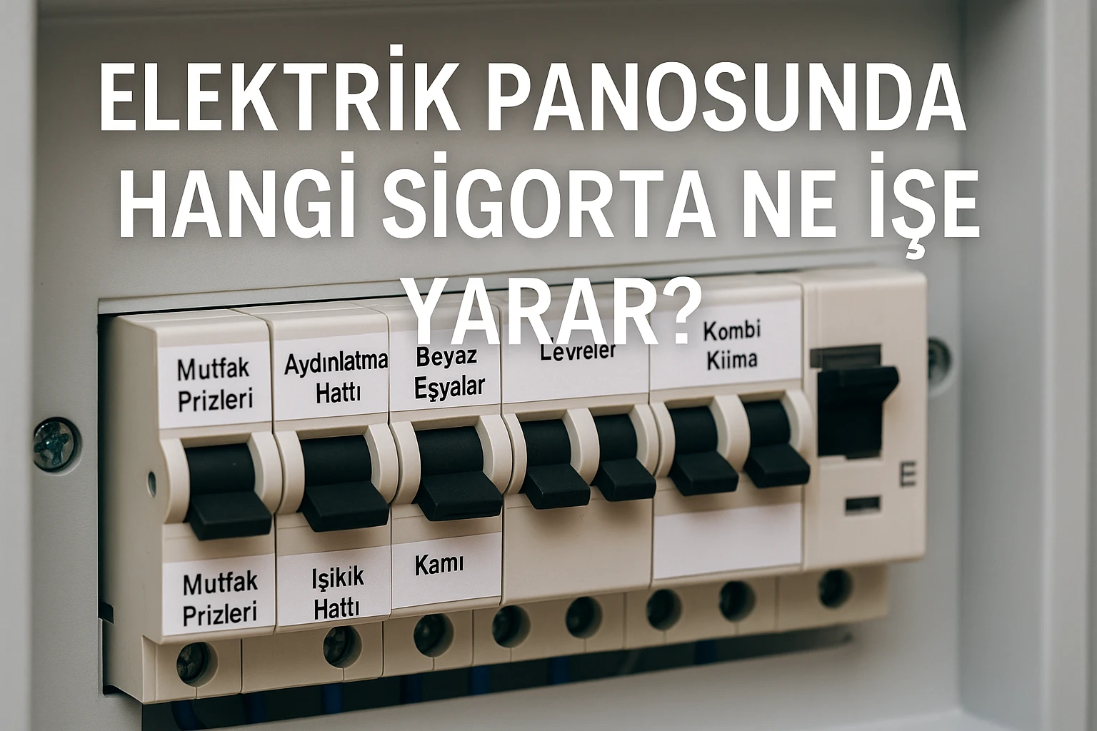 İstanbul elektrikçi Elektrik Panosunda Hangi Sigorta Ne İşe Yarar? Ev tipi açık bir elektrik panosu içinde farklı sigortalar ve kaçak akım rölesi görünmekte. Görsel üzerinde “Elektrik panosunda hangi sigorta ne işe yarar?” yazısı yer alıyor.