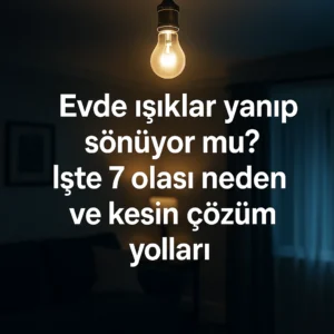 Loş bir salonda yanıp sönen tavan lambası görünmekte. Görselin üzerinde “Evde ışıklar yanıp sönüyor mu? İşte 7 olası neden ve kesin çözüm yolları” yazısı yer alıyor.