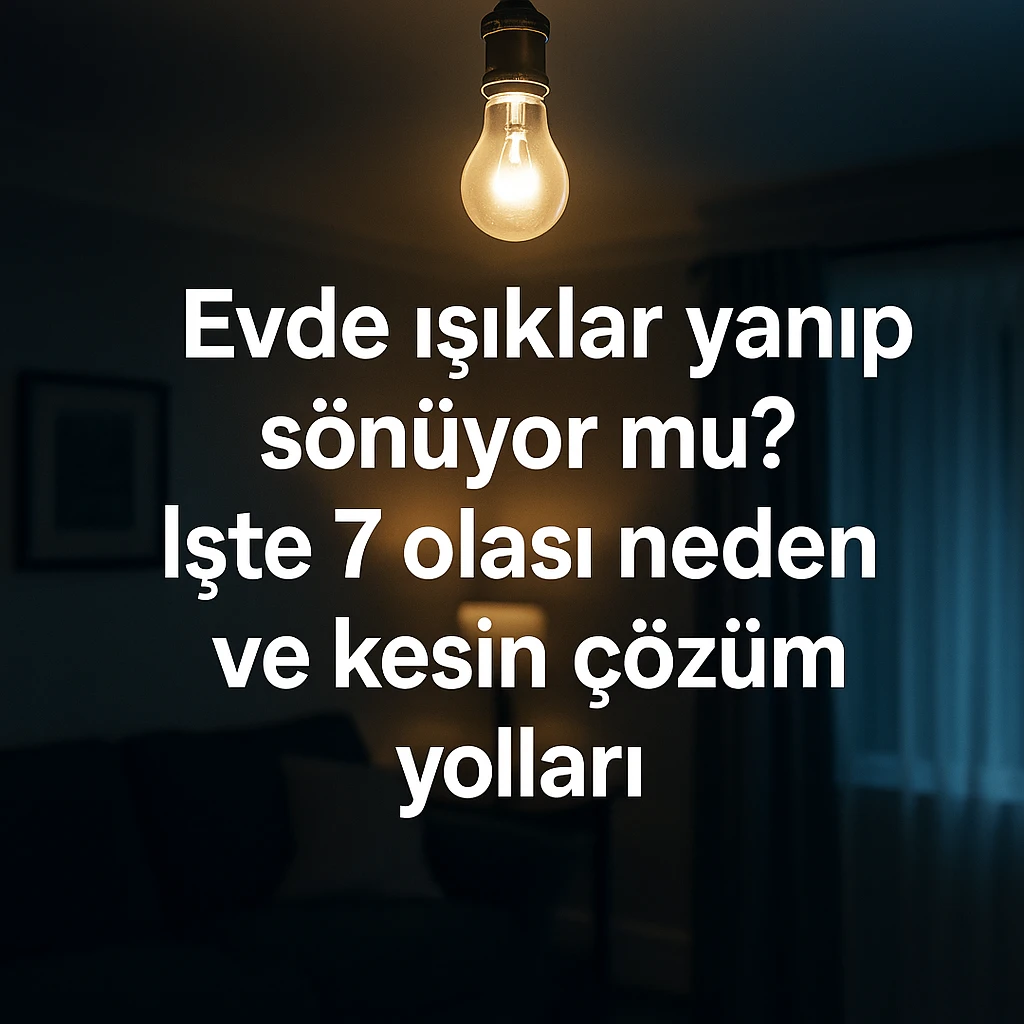 Loş bir salonda yanıp sönen tavan lambası görünmekte. Görselin üzerinde “Evde ışıklar yanıp sönüyor mu? İşte 7 olası neden ve kesin çözüm yolları” yazısı yer alıyor.