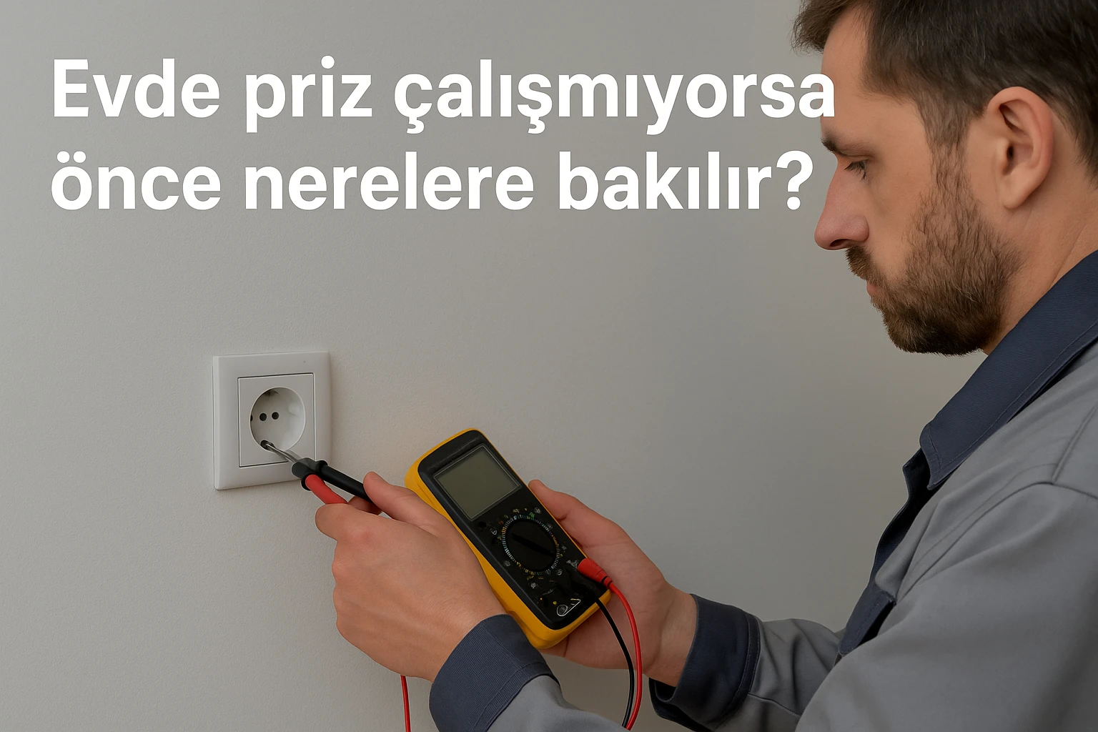 İstanbul elektrikçi Evde Priz Çalışmıyorsa Önce Nerelere Bakılır? Evde çalışmayan bir priz önünde elinde test cihazı tutan bir kişi. Görselin üzerinde “Evde priz çalışmıyorsa önce nerelere bakılır?” yazısı yer alıyor.