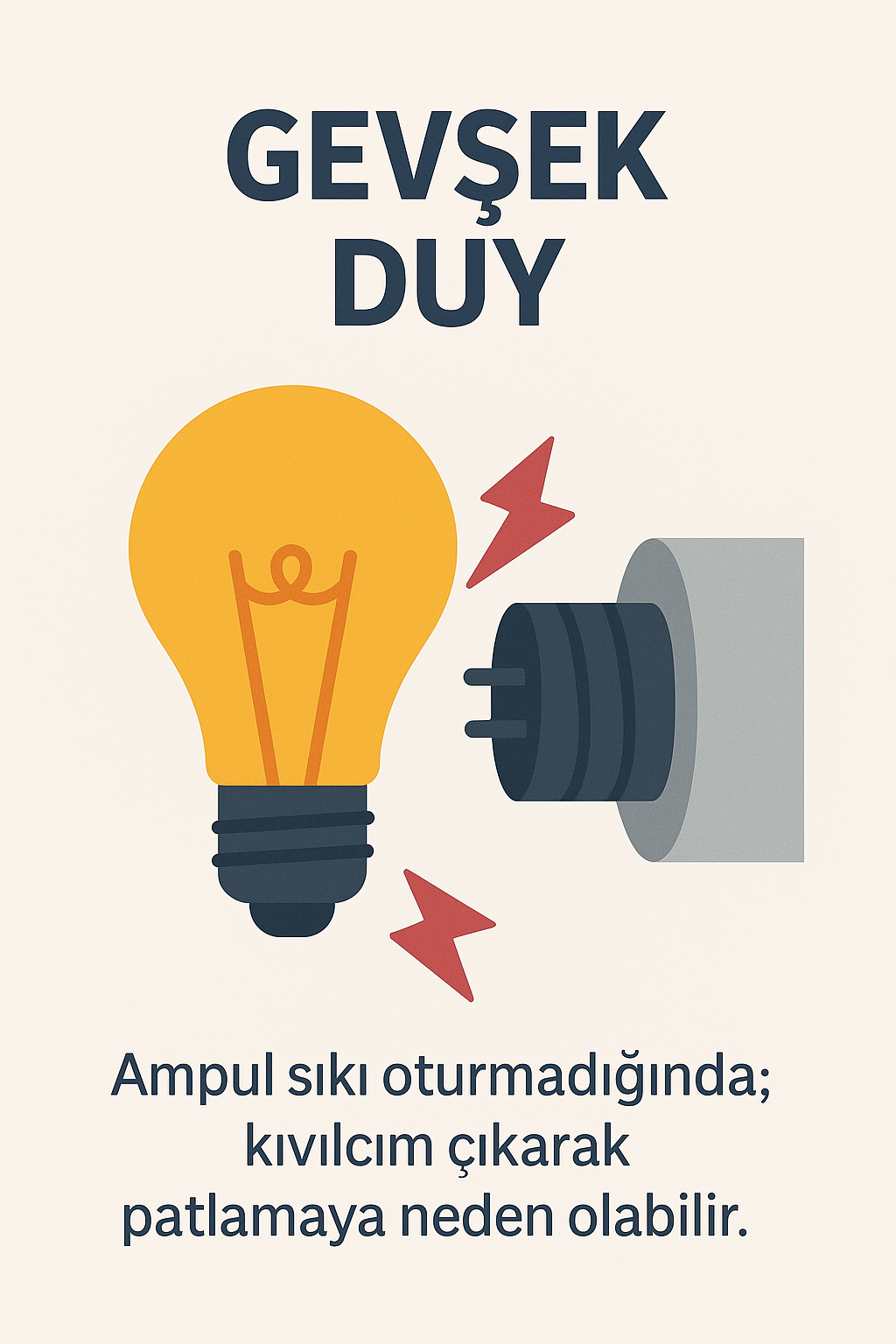 Duydan çıkmak üzere olan bir ampul ve kıvılcım simgeleriyle tehlikeyi anlatan Türkçe grafik.