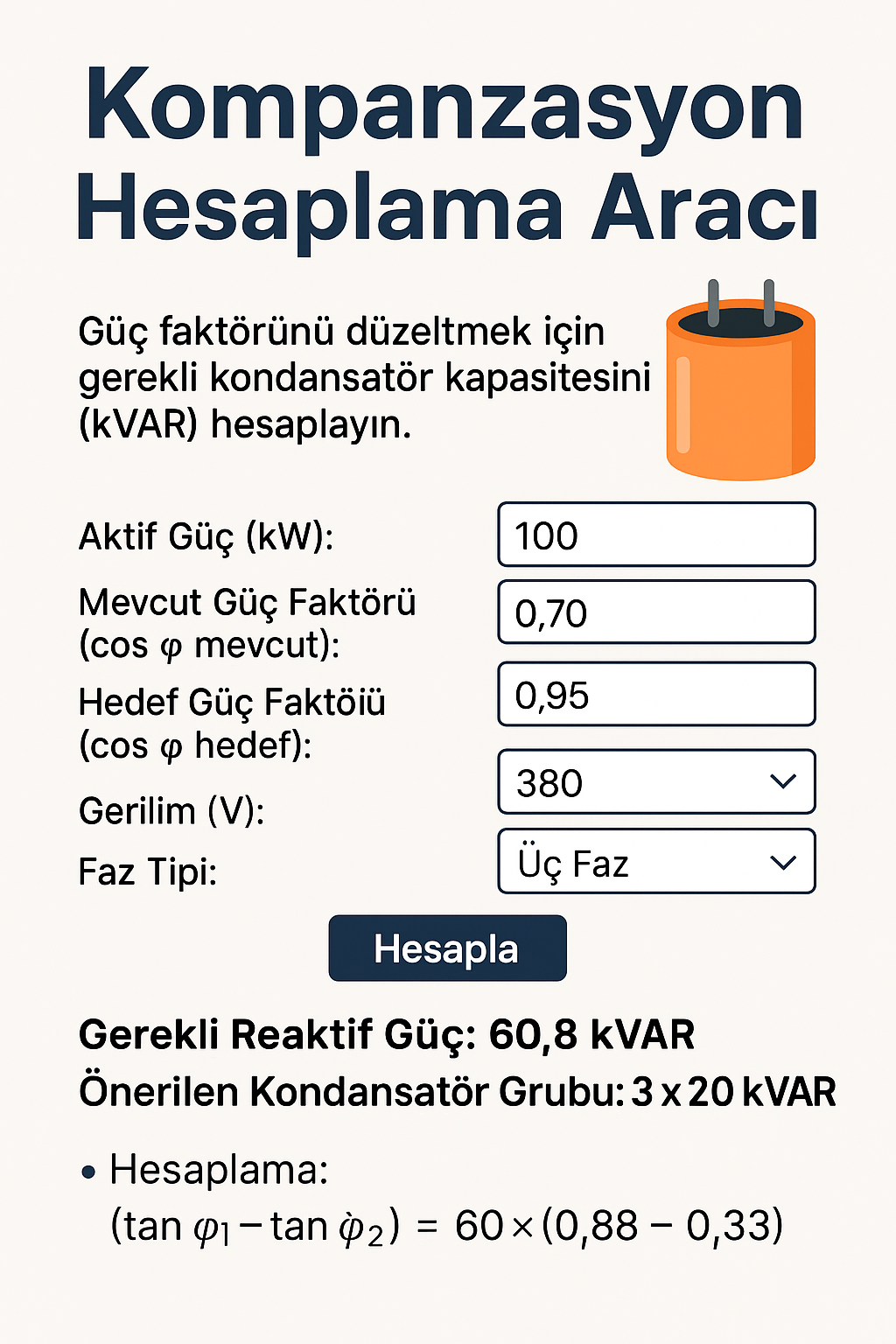İstanbul elektrikçi Kompanzasyon Hesaplama Aracı Kompanzasyon hesaplama formunu anlatan Türkçe bilgi grafiği.