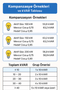 İstanbul elektrikçi Kompanzasyon Hesaplama Aracı Kompanzasyon hesaplama formunu anlatan Türkçe bilgi grafiği.