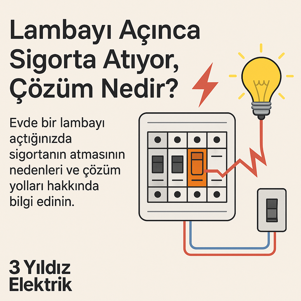 İstanbul elektrikçi Lambayı Açınca Sigorta Atıyor, Çözüm Nedir? Lambayı açınca sigorta atması durumunu açıklayan Türkçe grafik: sigorta kutusu, ampul devresi, kısa devre ve kaçak akım örnekleriyle anlatım