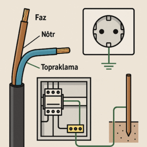 Bu grafik, topraklama kablosunun nasıl bağlanması gerektiğini adım adım anlatmaktadır. Elektrik panosu bağlantısından çubuğa kadar tüm aşamalar Türkçe olarak teknik detaylarla sunulmuştur.