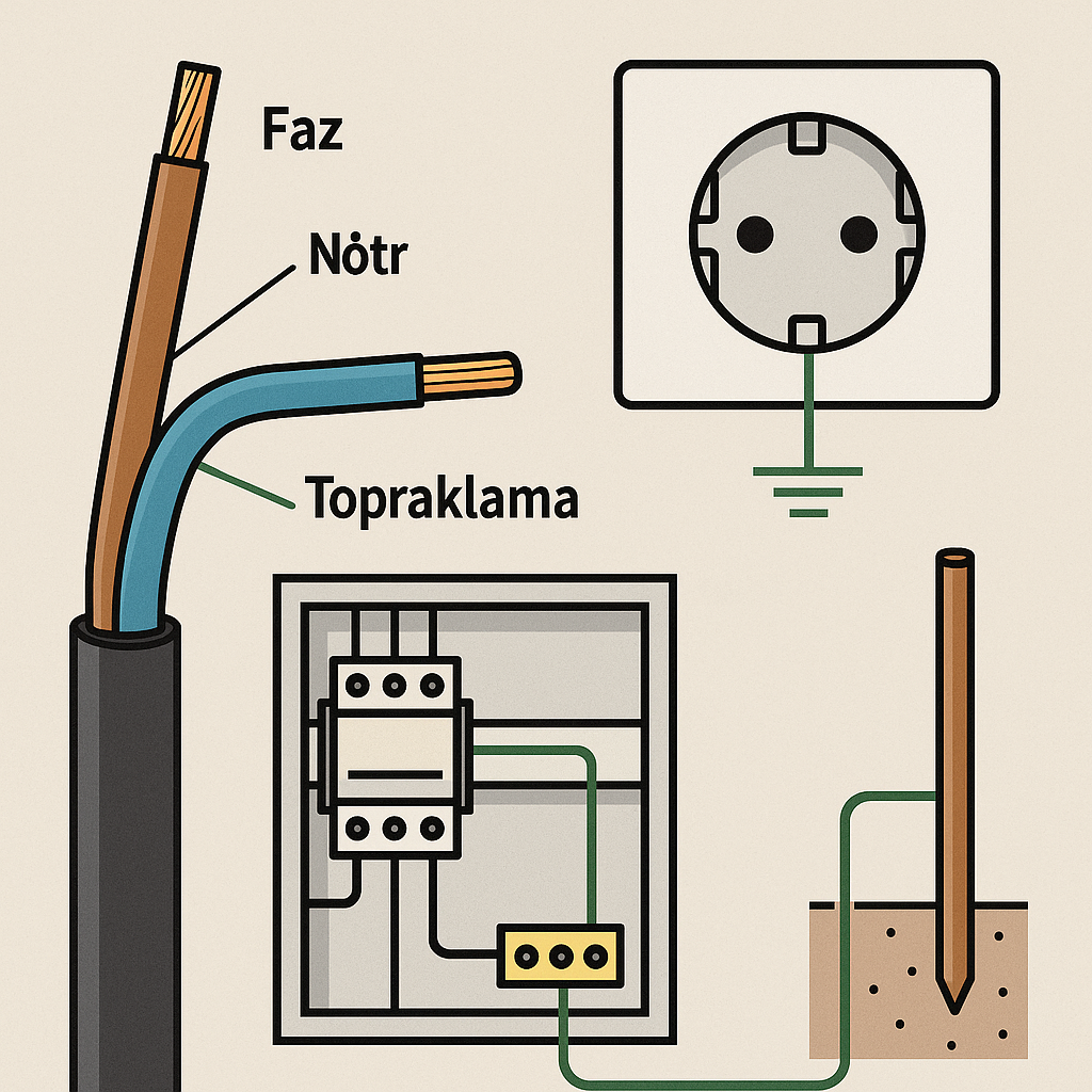 Bu grafik, topraklama kablosunun nasıl bağlanması gerektiğini adım adım anlatmaktadır. Elektrik panosu bağlantısından çubuğa kadar tüm aşamalar Türkçe olarak teknik detaylarla sunulmuştur.