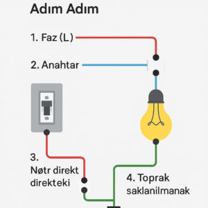 İstanbul elektrikçi Aydınlatma Devresi Nasıl Bağlanır Adım Adım Adım adım aydınlatma devresi bağlantı şeması – faz, nötr ve toprak hatlarıyla birlikte.