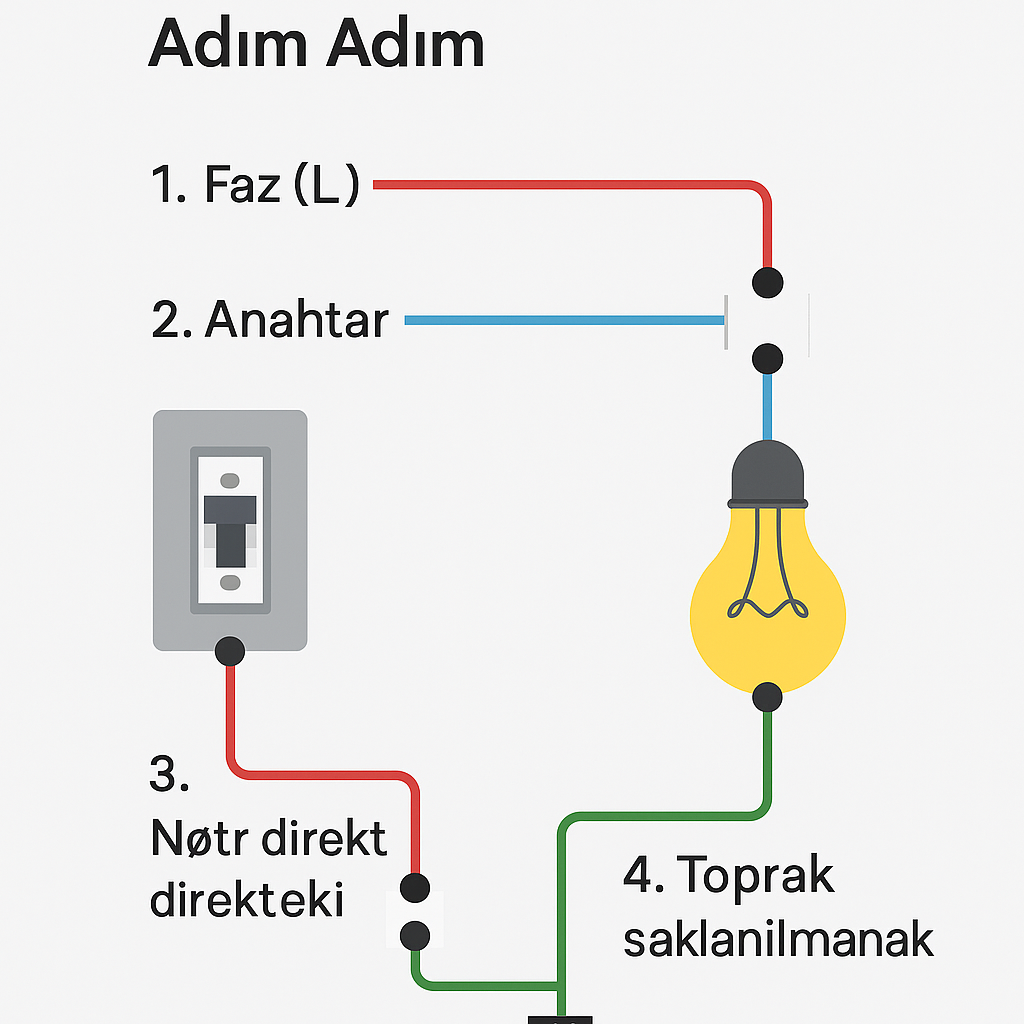 İstanbul elektrikçi Aydınlatma Devresi Nasıl Bağlanır Adım Adım Adım adım aydınlatma devresi bağlantı şeması – faz, nötr ve toprak hatlarıyla birlikte.