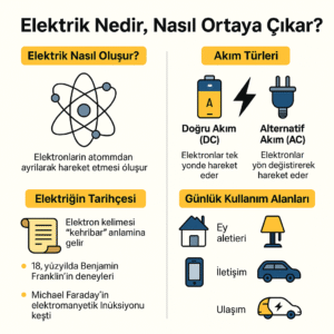 İstanbul elektrikçi Elektrik Nedir, Nasıl Ortaya Çıkar? Elektrik nedir nasıl ortaya çıkar infografiği - elektriğin tanımı, tarihçesi, oluşumu ve elektrik akımı hakkında görsel açıklama.