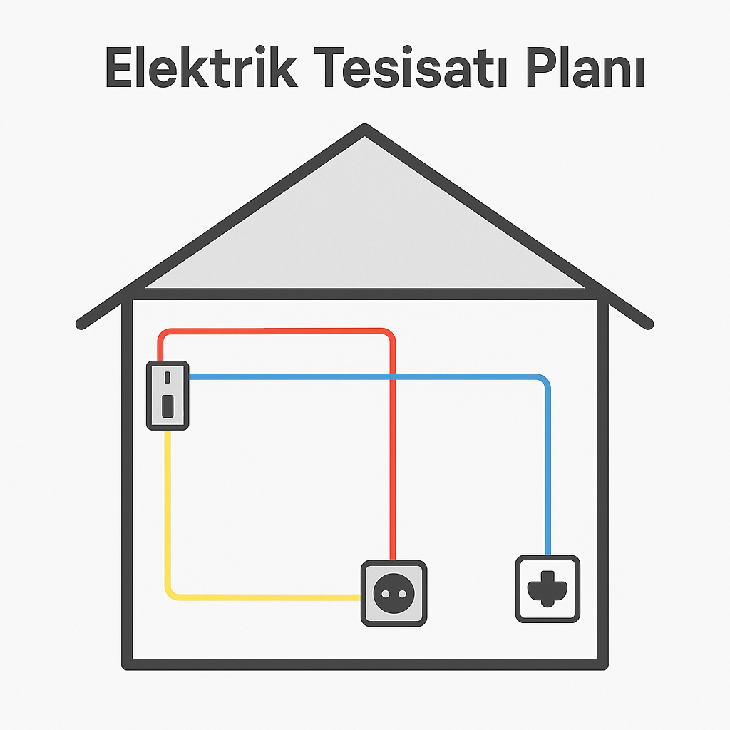 Elektrik tesisatı planı - priz, anahtar ve kablolarla ev içi elektrik şeması