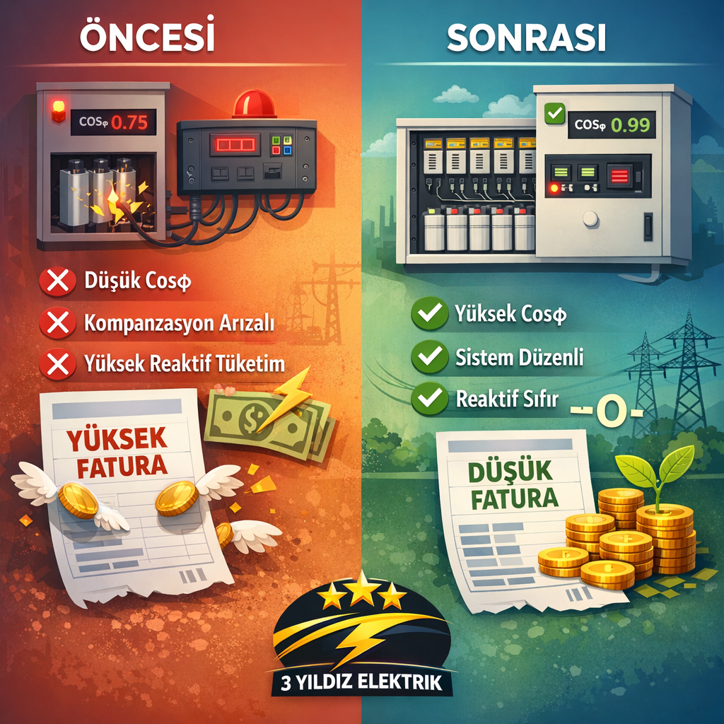 Reaktif güç cezası düşürme kompanzasyon sistemi öncesi sonrası 3 Yıldız Elektrik İstanbul